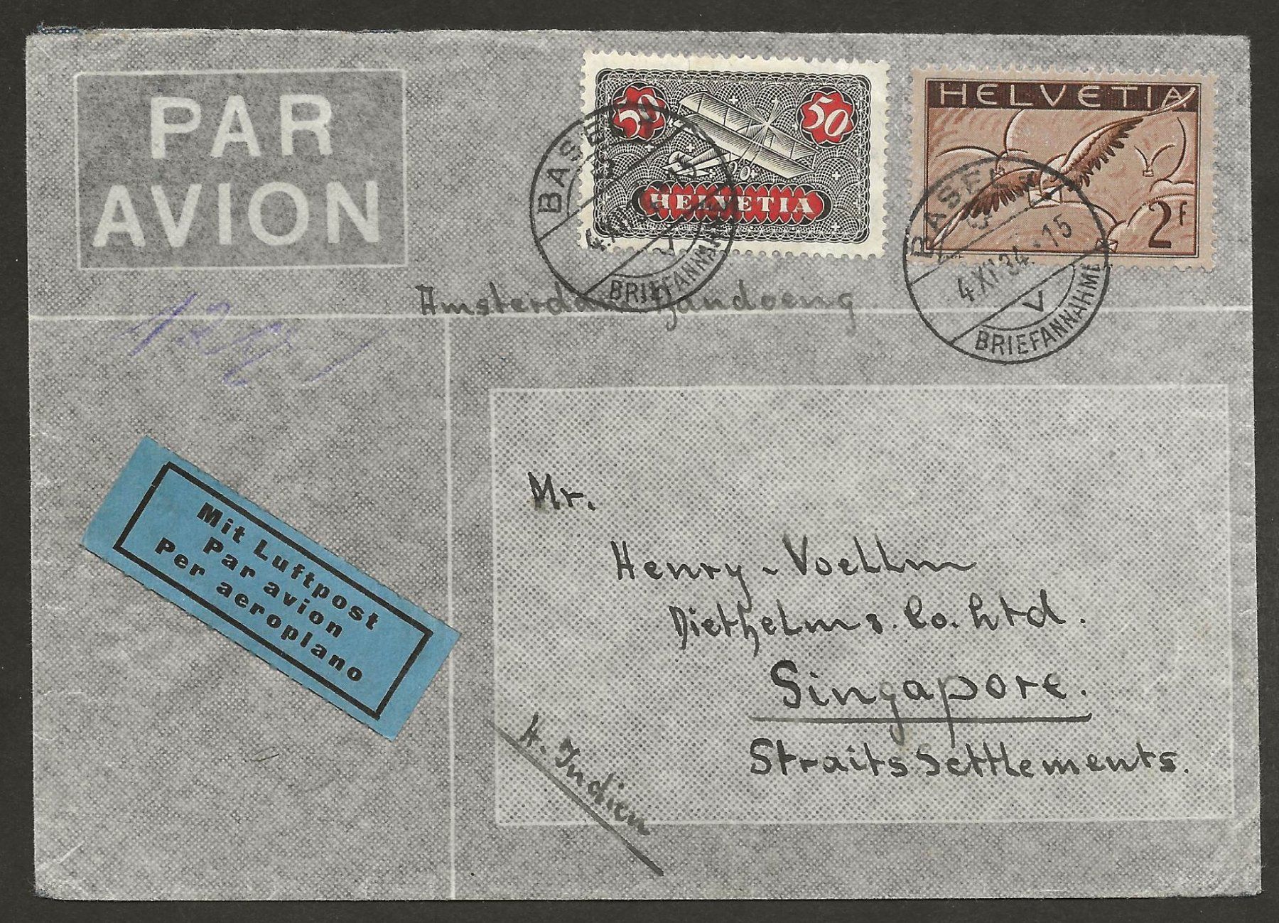 Tutti i francobolli: Flugpost Schweiz 1934 Basel Amsterdam Singapur Luftpost – Usato da Au ZH venduto da xelagreb01