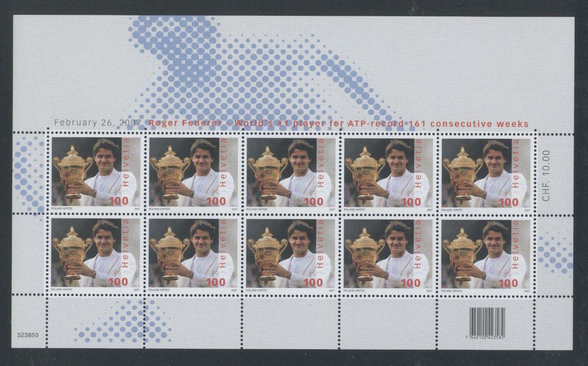 Tutti i francobolli: 2007, Sondermarke Roger Federer, Kleinbogen ** – Usato da Willisau venduto da Vollstempel