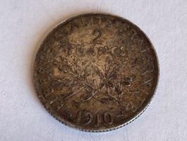 Superbe pièce de 2 francs français en argent 1910