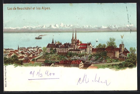 Cartoline postali: Litho Neuchâtel, Panorama et les Alpes, – Usato da Berlin venduto da bartko-reher