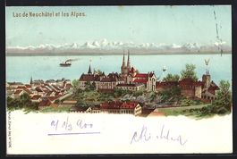 Litho Neuchâtel, Panorama et les Alpes,