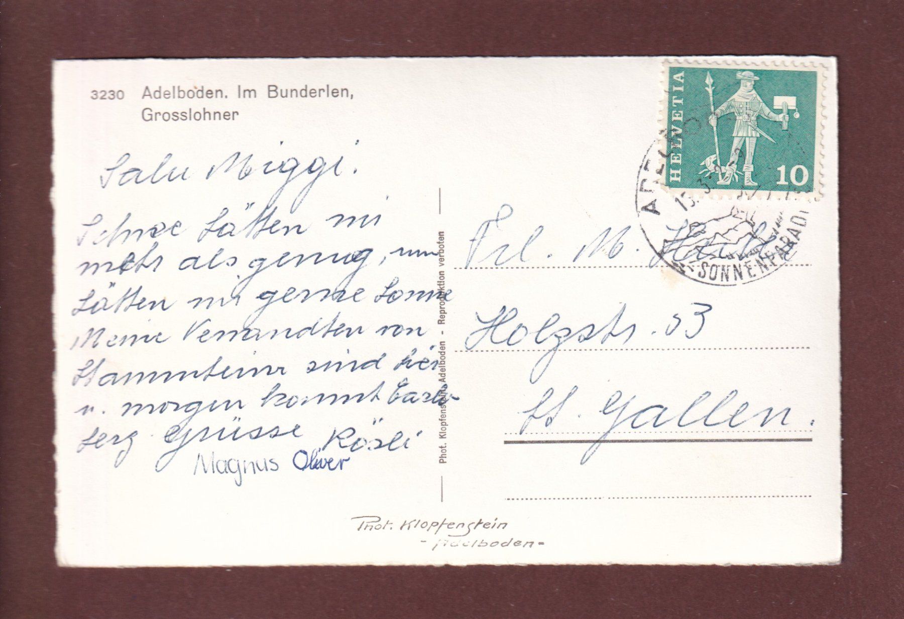 Cartoline postali: Adelboden - Im BUNDERLEN - Grosslohner - 1962 – Usato da Pully venduto da nicecards 1