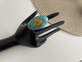 rare Art deco bague argent pierre turquoise & pierre corail