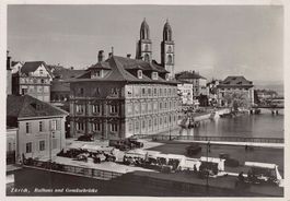 Zürich, Gemüsebrücke mit Marktstände, Oldtimer um 1935-40
