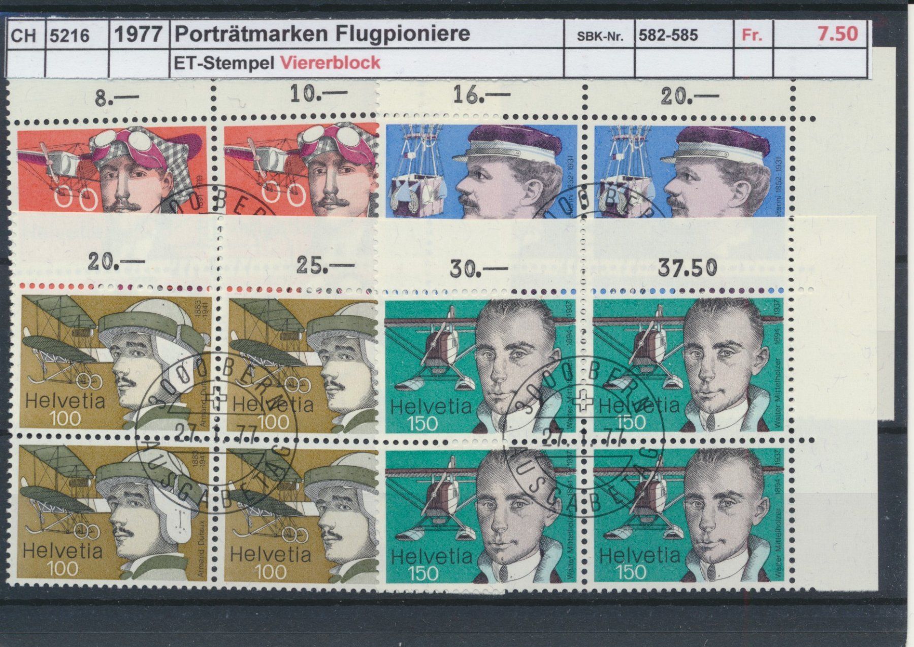 Tutti i francobolli: 1977 "Flugpioniere", Viererblock, ET - Stempel – Usato da Winterthur venduto da Zupogeru
