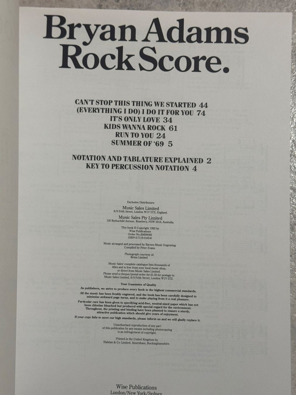 Libri: Bryan Adams Rock Score - Wise Publication – Usato da Kaiseraugst venduto da Drasa 2
