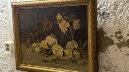 Antikes Ölgemälde Rosen Stillleben mit Prunkrahmen Gold