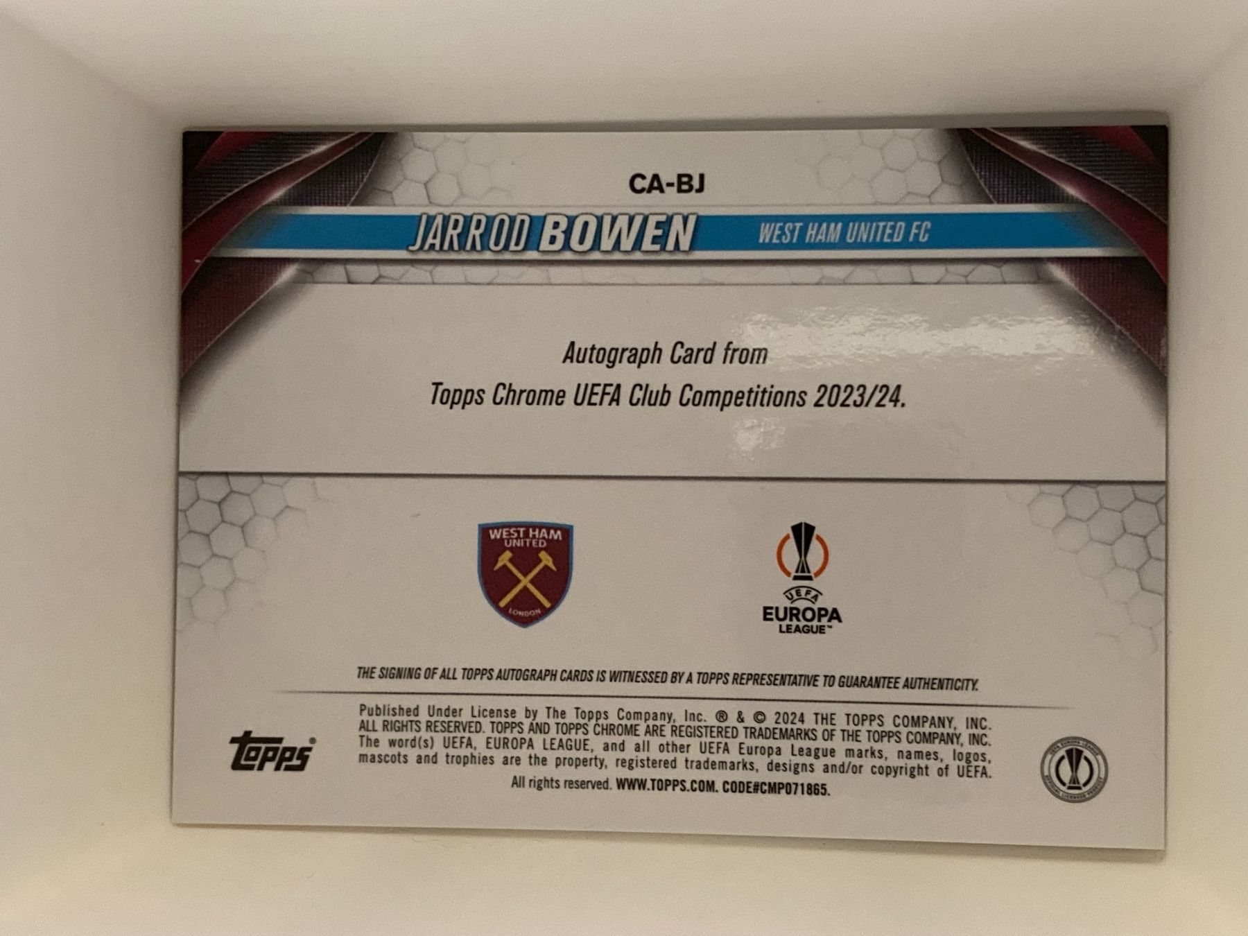 Topps Carte collezionabili: Topps Chrome UEFA 23-24 - Jarrod Bowen Auto – Usato da La Tour-de-Peilz venduto da Tyalos_Cards 1