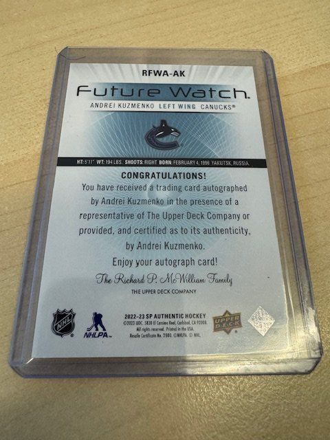NHL Carte collezionabili: Adrei Kuzmenko Autenthic Future Watch Autograph – Usato da Toffen venduto da Domy1 1