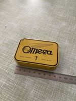 Vintage Omega Dose, gelb, Schweiz, Rarität, Metallbox