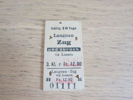Billett Langnau-Zug, gestempelt 14. Mai 53, Kleberesten auf