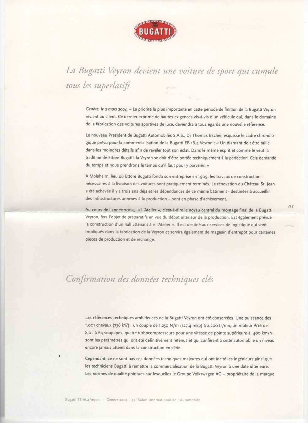 Bugatti Documenti: Presseinformation Bugatti EB16.4 Veyron – Nuovo (secondo la descrizione) da Corminboeuf venduto da corbay 1
