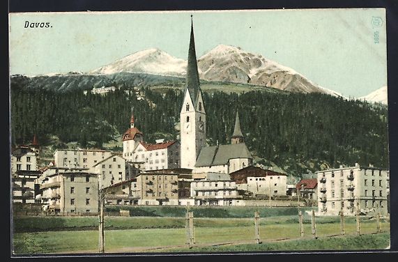 Cartoline postali: AK Davos, Blick auf Kirche – Usato da Berlin venduto da bartko-reher