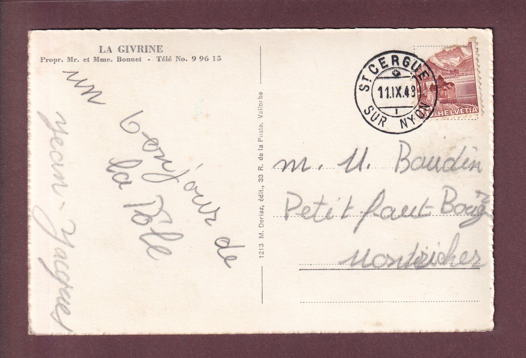 Ansichtskarten: LA GIVRINE sur St. Cergue - Restaurant - 1948 – Gebraucht aus Pully von nicecards 1