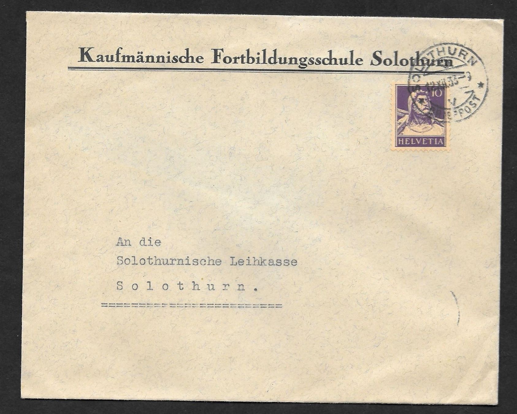 Tutti i francobolli: Solothurn illustrierter Brief Fortbildungsschule 12.12.1933 – Usato da Olten venduto da clotaldi
