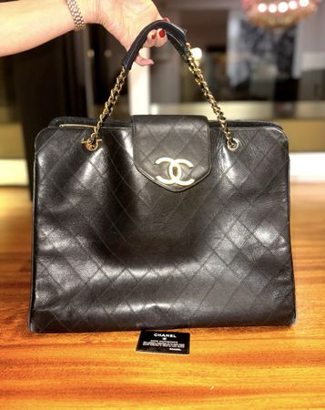 Vintage Chanel Black Lambskin Quilted Tote Bag, XL Size