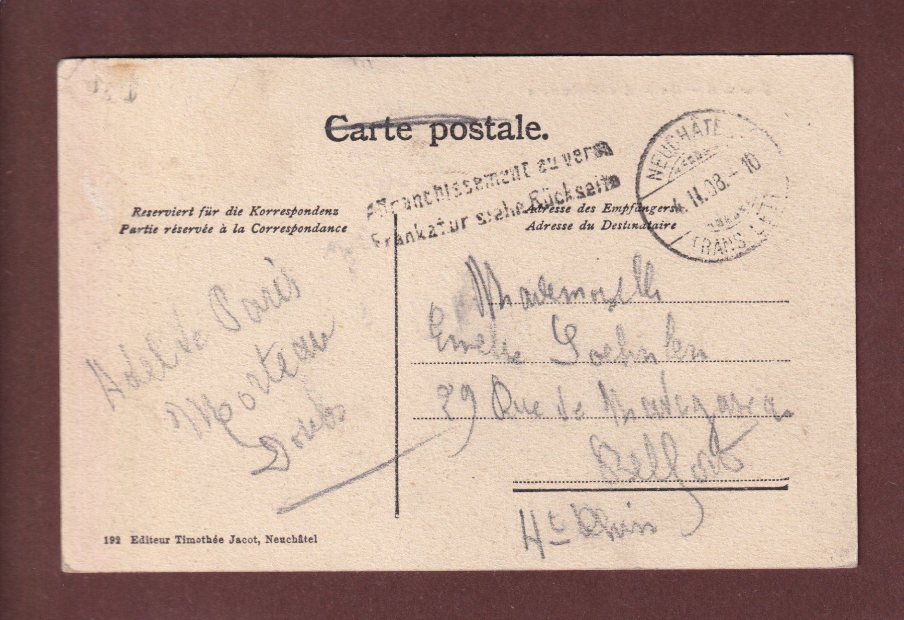 Cartoline postali: NEUCHÂTEL - Musée des Beaux-Arts - 1908 – Usato da Pully venduto da nicecards-shop 1