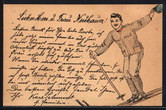 Cartoline postali: Handgemalt: Soldat in Uniform beim Skifa – Usato da Berlin venduto da bartko-reher