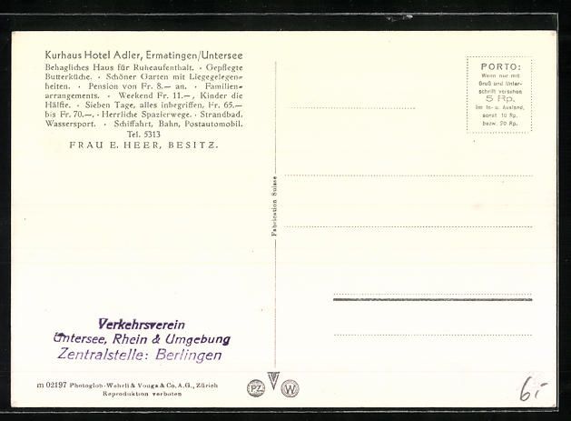 Cartoline postali: Ermatingen /Untersee, Kurhaus Hotel Adle – Usato da Berlin venduto da bartko-reher 1