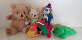 6 Plüschtiere, 2x Bär, Frosch, Vogel, Drachen, Wolf