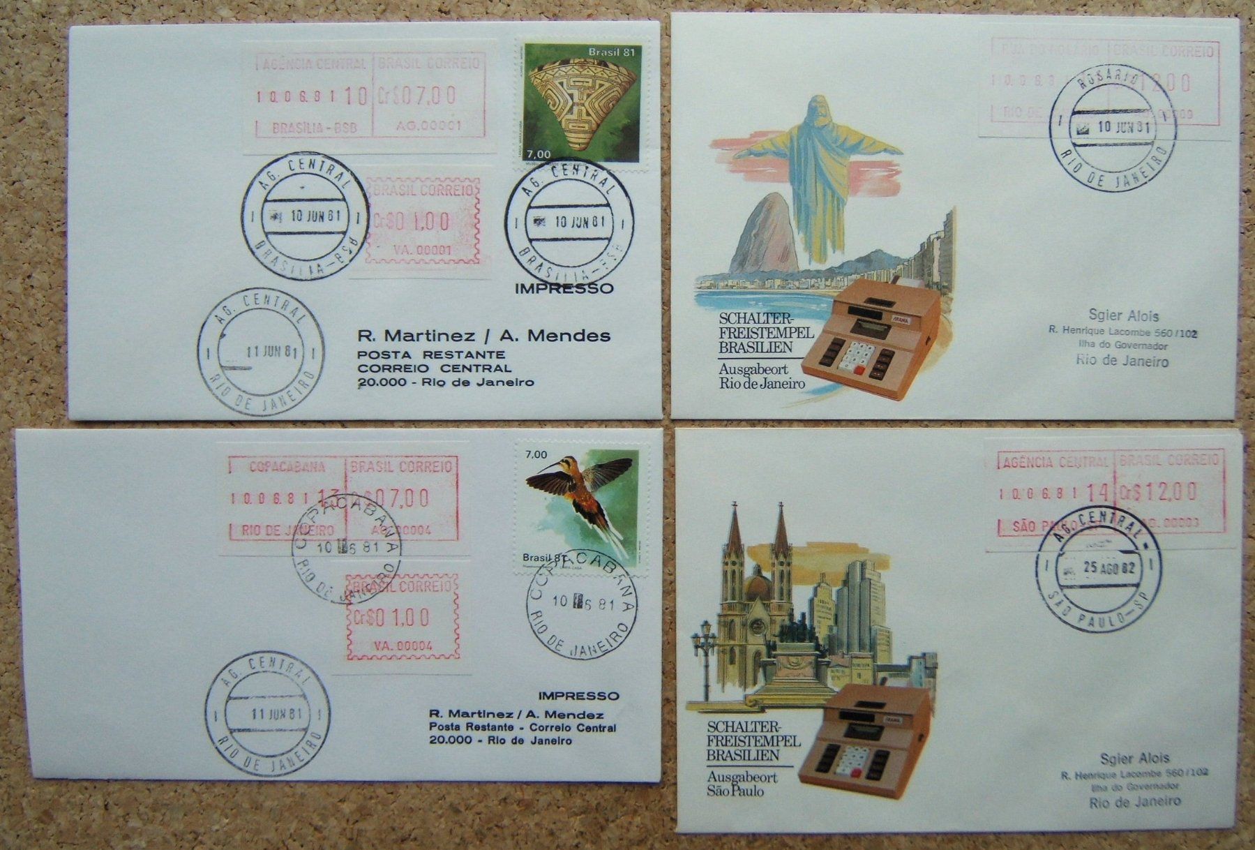 Tutti i francobolli: BRASILIEN 4 BRIEFE MIT ATM 1981 / 1982 – Usato da Brunnen venduto da Nonne04