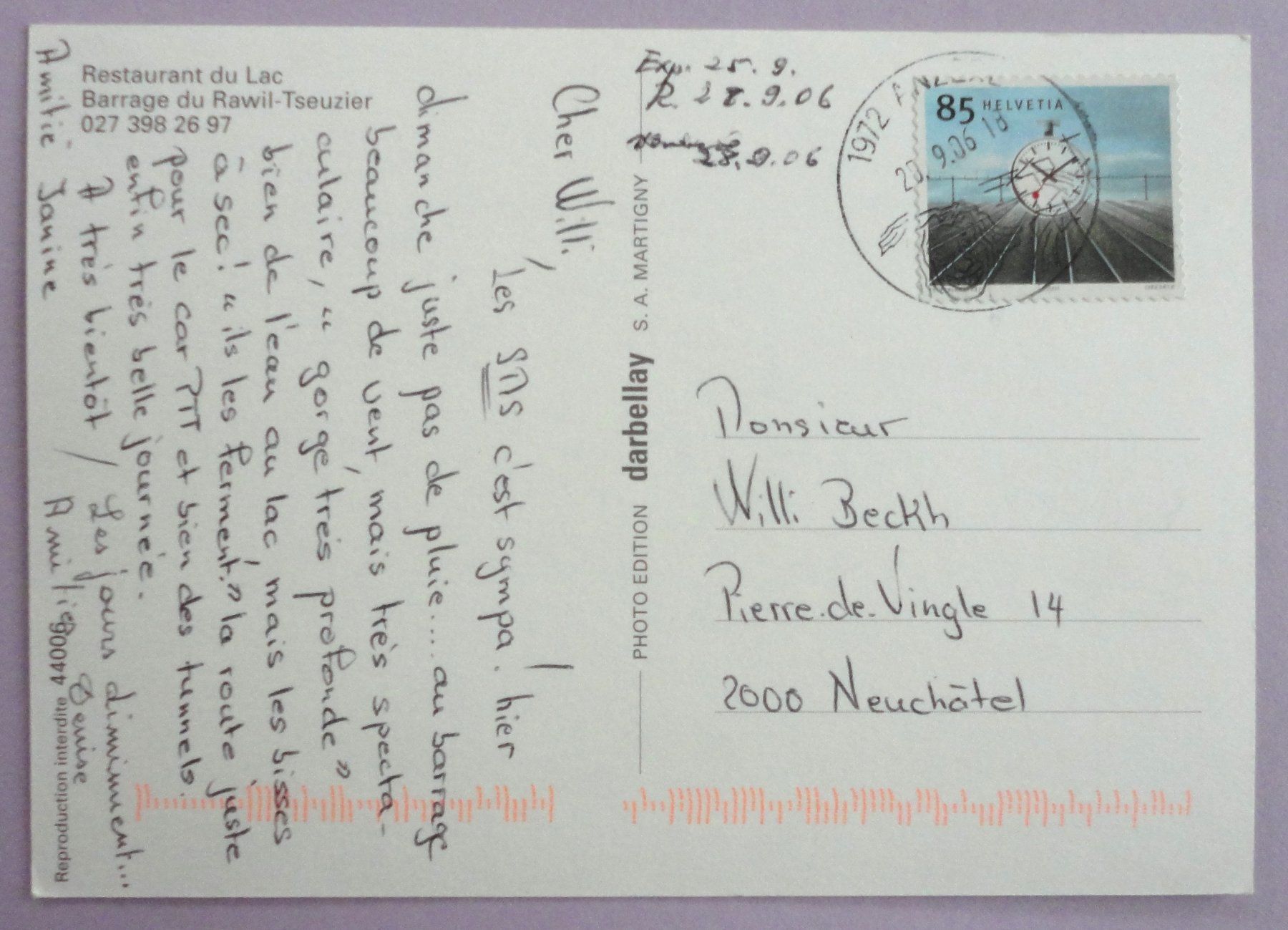 Cartoline postali: Rest. du Lac, Barrage du Rawil-Tseuzier – Usato da Fétigny venduto da Billy2miny 1