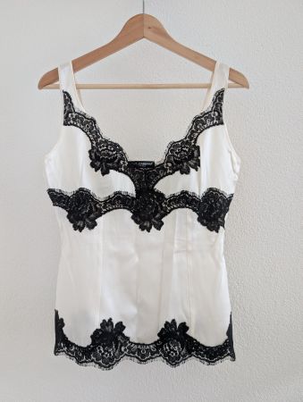 Dolce & Gabbana Top Seide Schwarz Weiss Spitze Grösse M