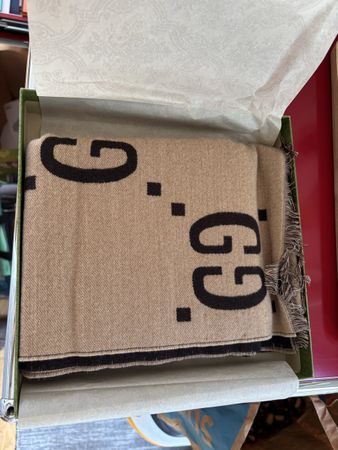 Gucci Wool & Silk GG Jacquard Scarf - Beige & Brown - New!