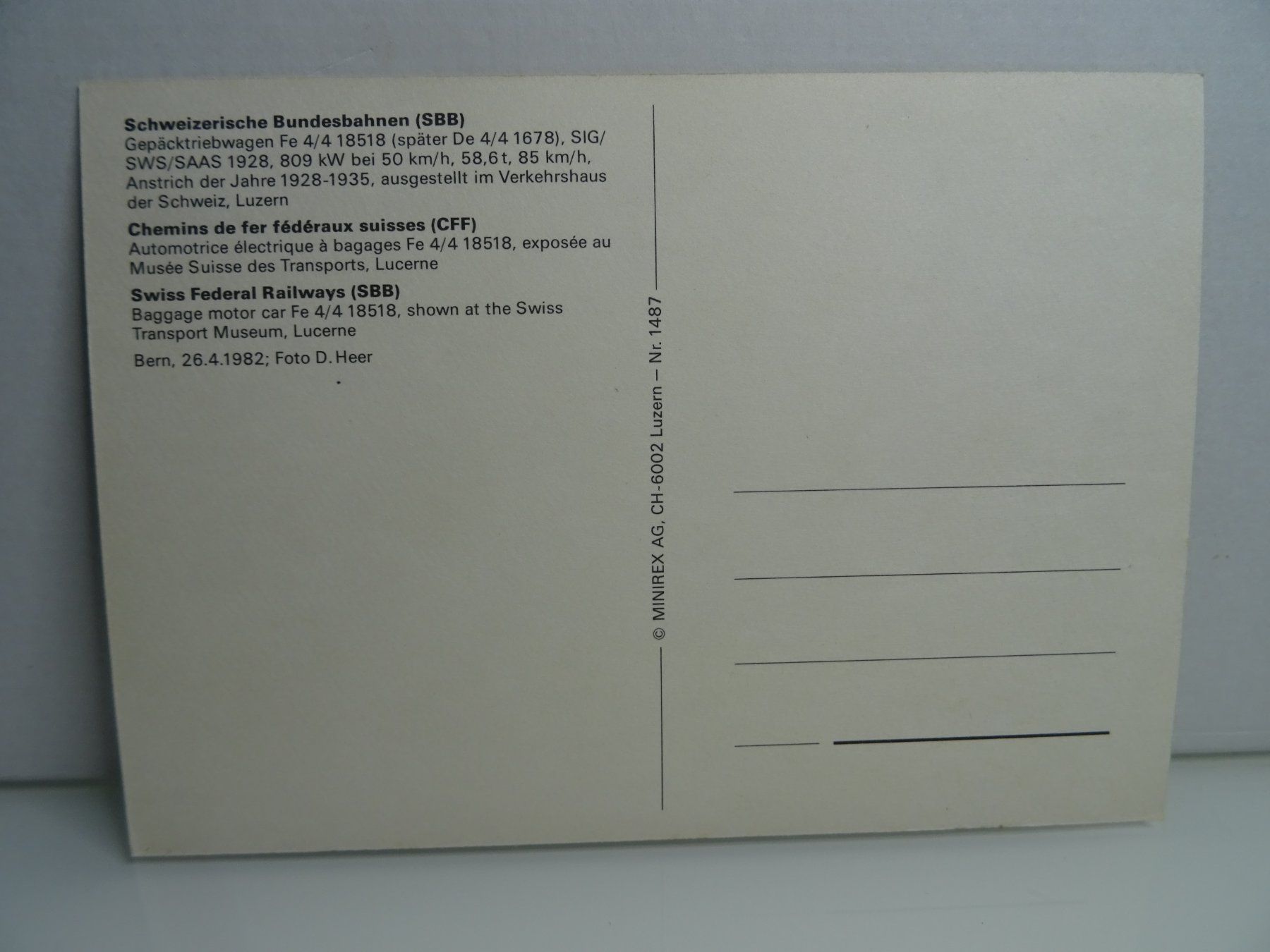Cartoline postali: Ansichtskarte "SBB Gepäcktriebwagen Fe 4/4 1678 Bern 26.4.82 – Usato da Teufen AR venduto da Brandan2171 1