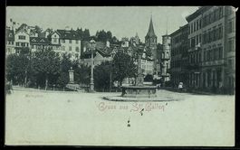 AK St. Gallen, Marktplatz mit Brunnen, Türme