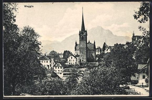 Ansichtskarten: AK Weggis, Teilansicht mit Kirche, 1912 – Gebraucht aus Berlin von bartko-reher