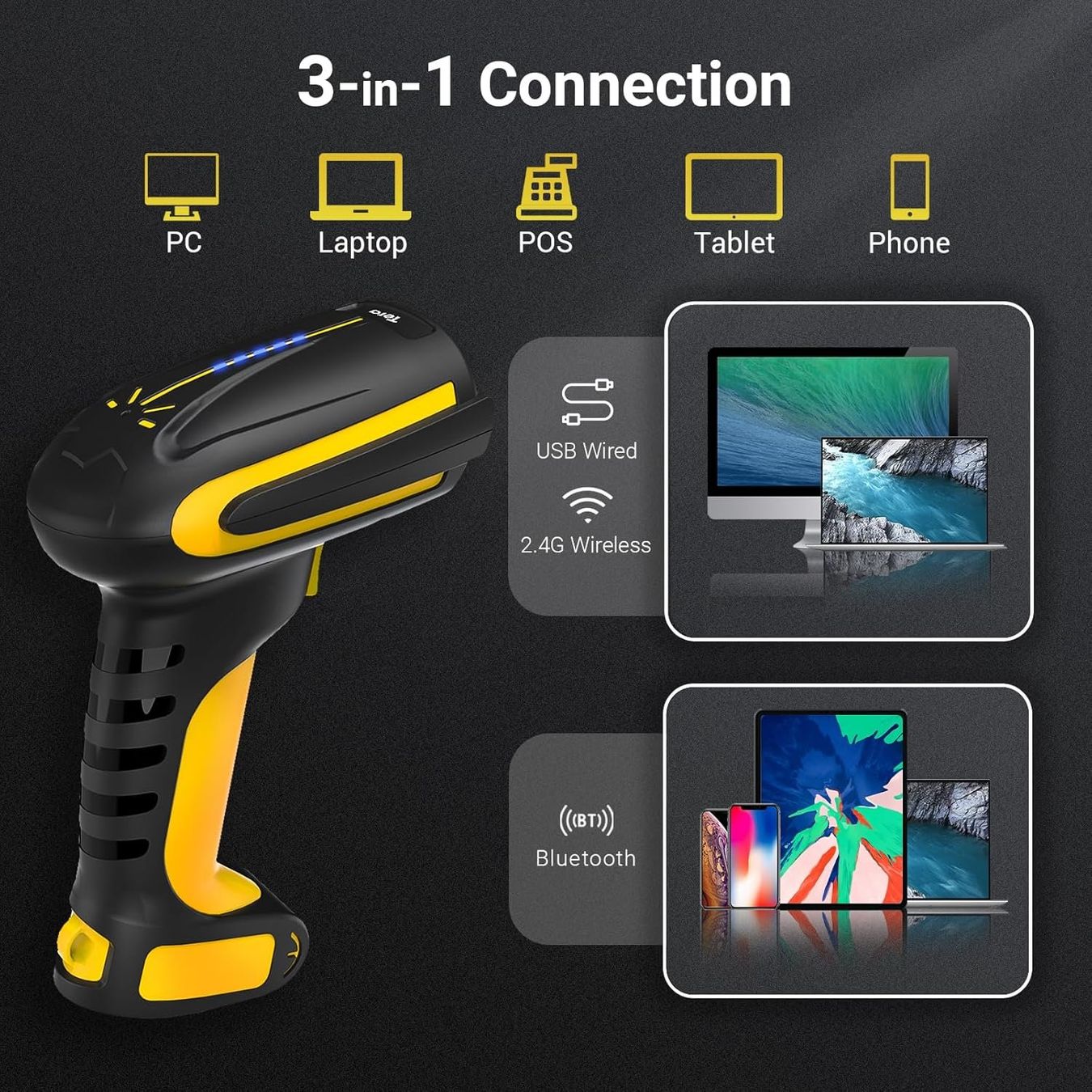 Scanner: Tera 2D QR Barcode Scanner kabellos 8100 Gelb mit Ständer – Nuovo e nell'imballaggio originale da Suhr venduto da SchnapperCH 3