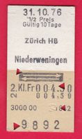 KARTON BILLETT, ZÜRICH HB - NIEDERWENINGEN, 2.KLASSE,RETOUR,