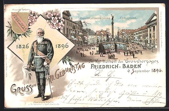 Ansichtskarten: Litho Karlsruhe, Marktplatz-Krönung, Gr – Gebraucht aus Berlin von bartko-reher