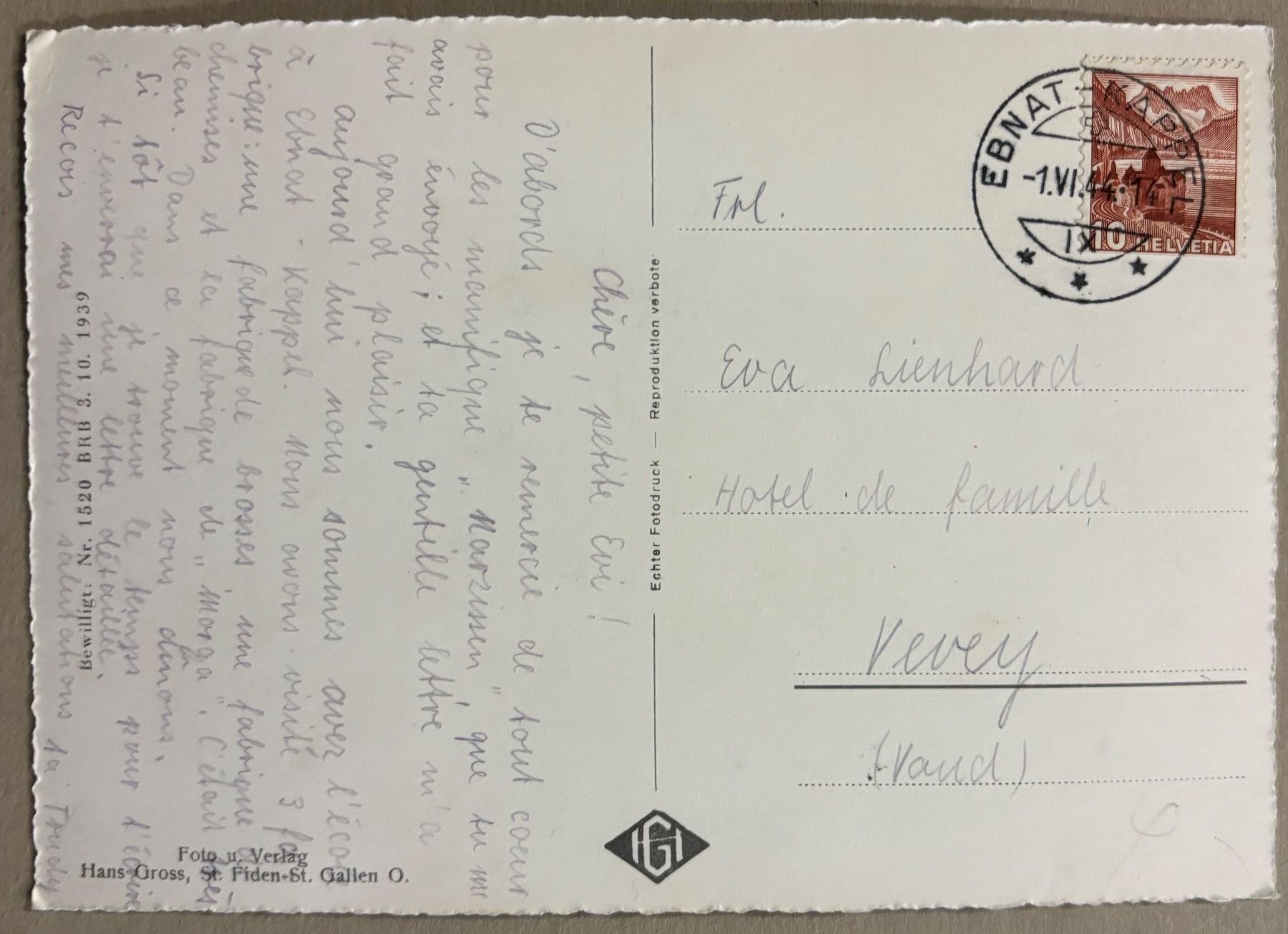 Cartoline postali: Ebnat-Kappel, 1944 – Usato da Frauenfeld venduto da Merk52 1