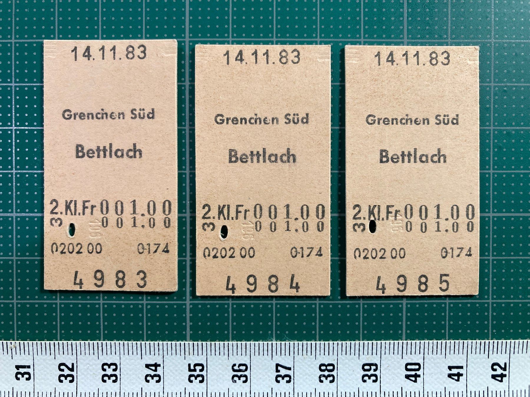 Biglietti: Grenchen Süd - Bettlach, 3 Edmondsonsche Bahn Billette, SBB – Usato da Lenzburg venduto da fh1