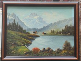 Alpines Ölgemälde „Bergsee mit Hütten“ – F. Hunziker