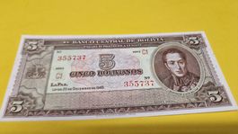Bolivien 5 Bolivianos Geldschein von 1945, Top Zustand!