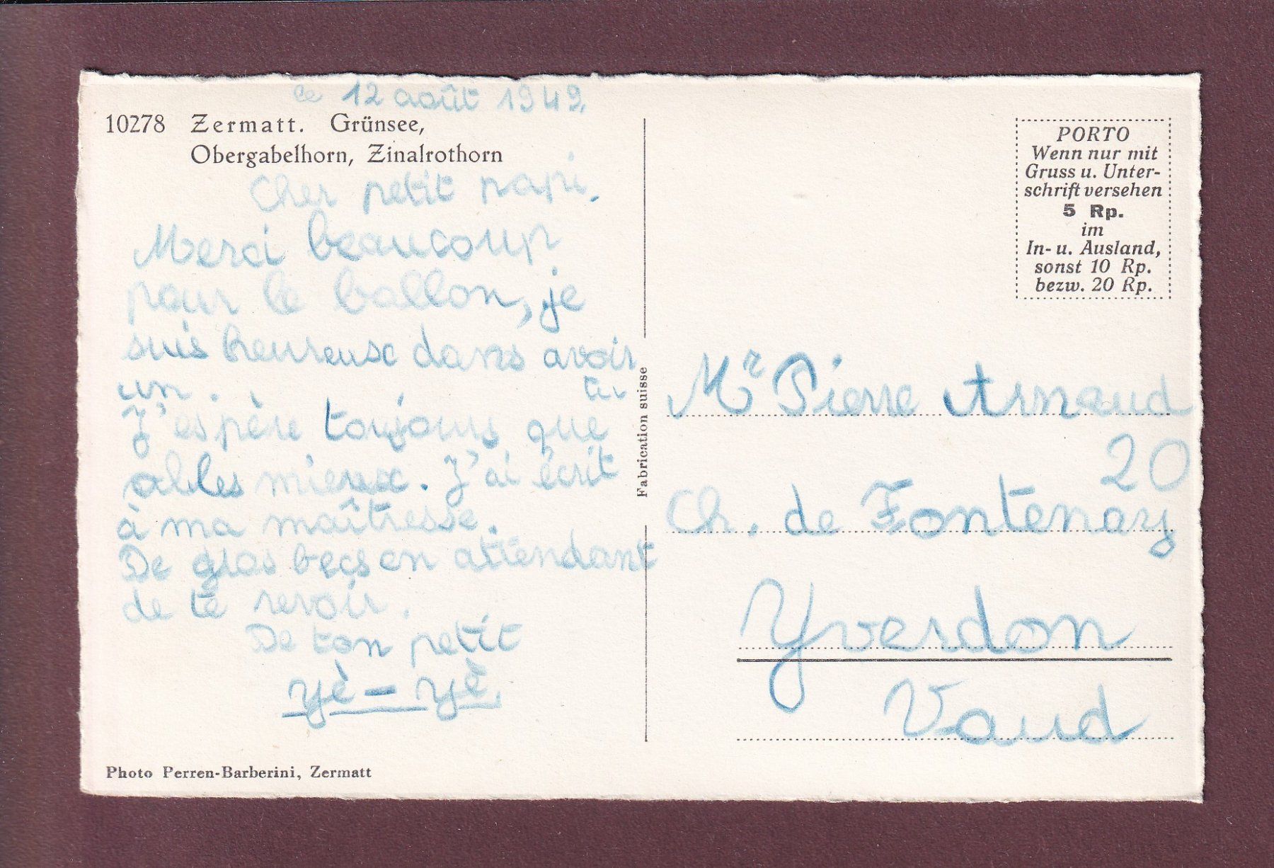 Cartoline postali: Zermatt - GRÜNSEE - Obergabelhorn - 1949 – Usato da Pully venduto da nicecards 1
