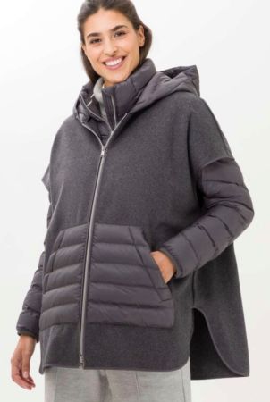 Brax Poncho Cape Grau Gr. 38 gross Wolle Kapuze gesteppt