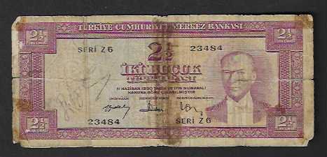 Banconote: Türkei  2  1/2  Lira  Gebraucht – Usato da Gordola venduto da coinsandnotes