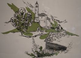 Walliser Ansicht Schweiz Lithographie mit Kirche  (HE97)