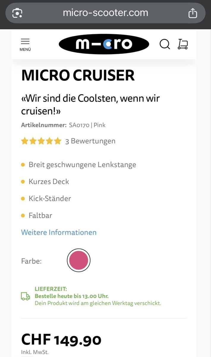 Micro Kickboard: Micro Cruiser pink  – D'occasion à Hinwil par Saturn116 4