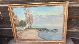 Peinture Gemälde M Blanc 1920 Lac Léman Alpes