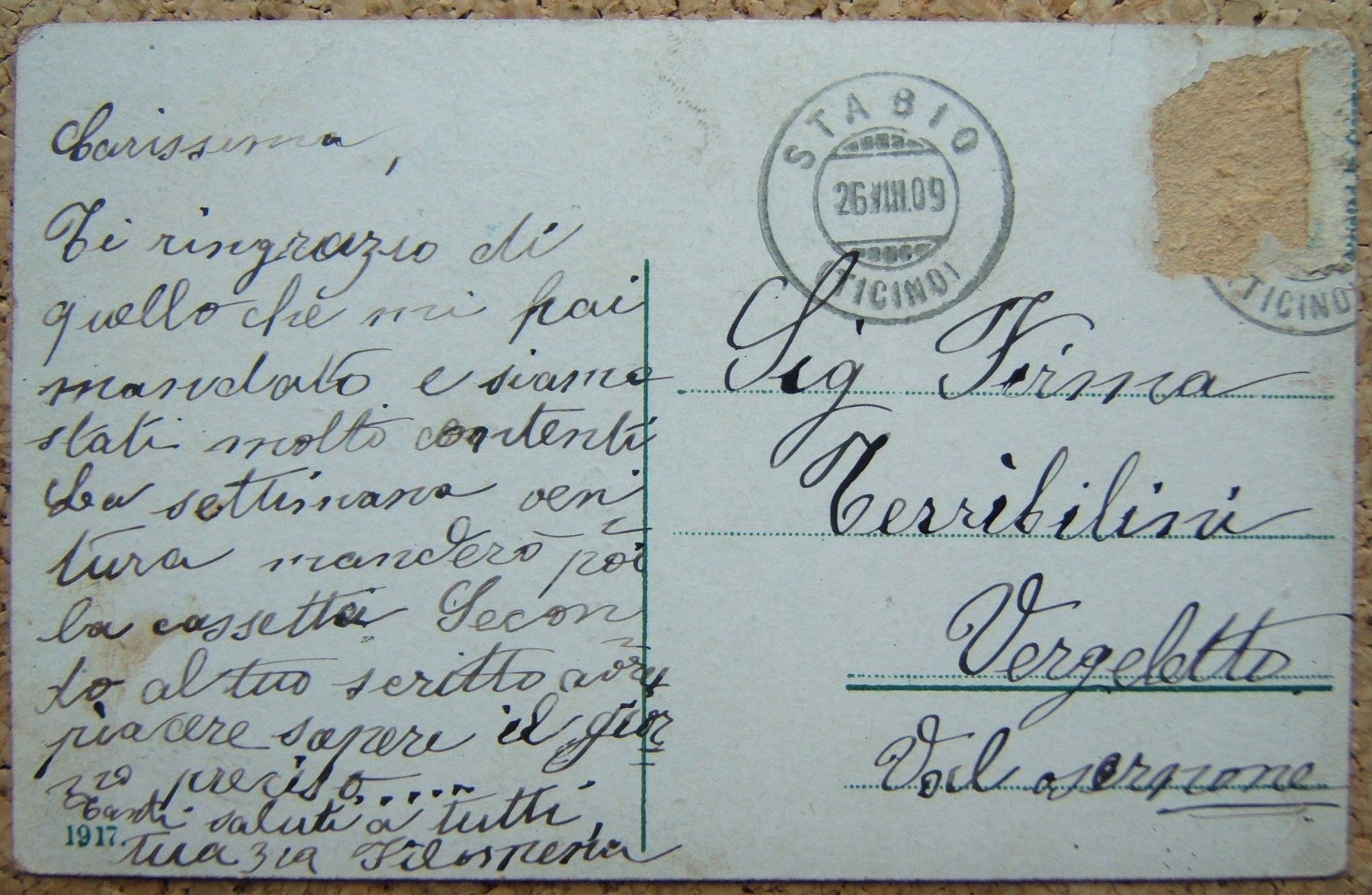 Ansichtskarten: AK UN SALUTO DA STABIO 1909 – Gebraucht aus Brunnen von Nonne04 1