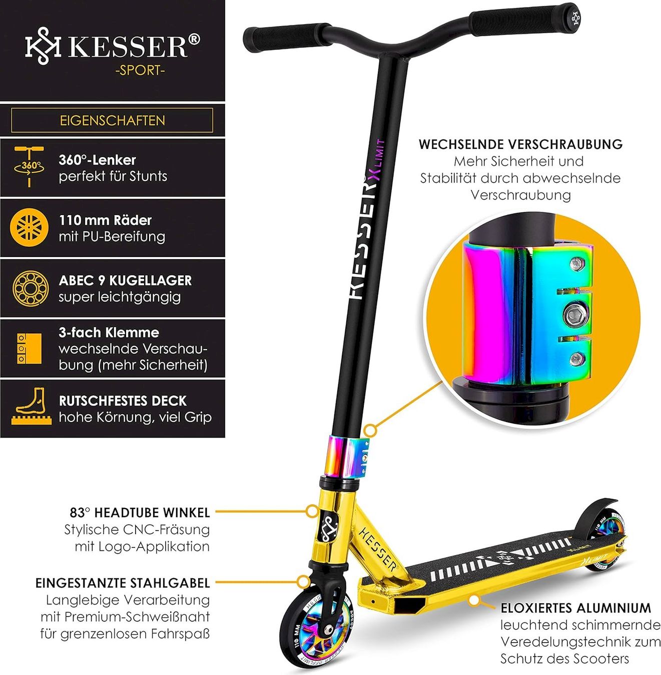 Fahrzeuge für Kinder: KESSER Stunt Scooter Chrome / Gold – Neu und originalverpackt aus Bottighofen von zaap 2