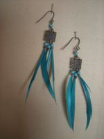 Boucles d'oreilles plumes turquoise avec perles et décora...