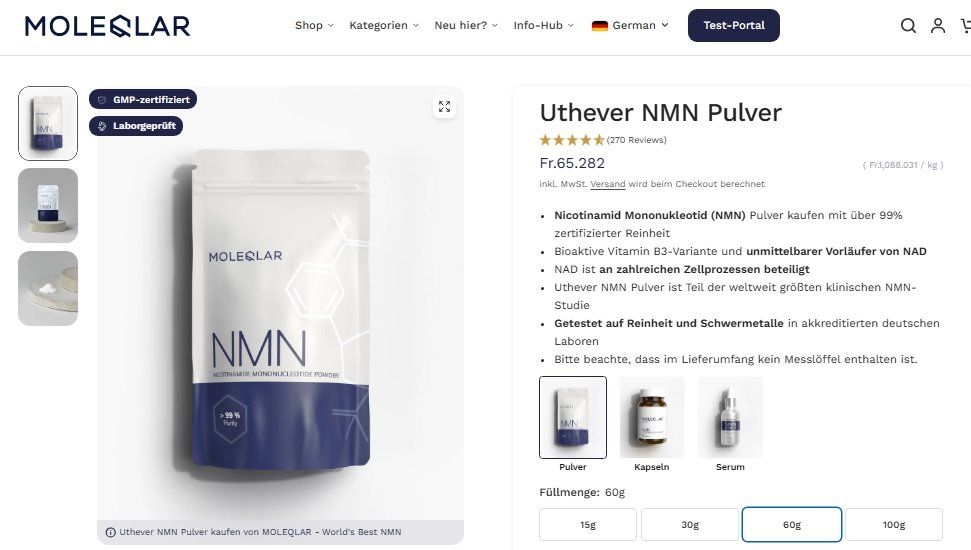Produktbild von 50g NMN Pulver 99,9% Reinheit – Laborgeprüft, Pharmazeutische Qualität, Ohne Füllstoffe, Deutsche Marke