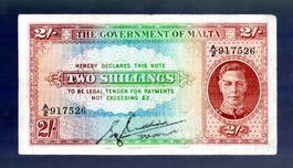 Malta noten 2 shilling uniface selten