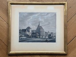 Alte Lithographie der Stadt Zürich in Echtgoldrahmen